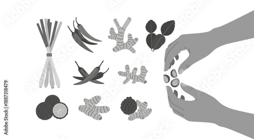 A minimalist, black and white illustration of Asian ingredients. Ideal for food blogs, recipe websites, or culinary-themed marketing materials. Evokes