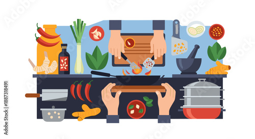 A vibrant and flat-design illustration showcasing fresh kitchen ingredients. Ideal for food blogs, recipe websites, or marketing materials related to 