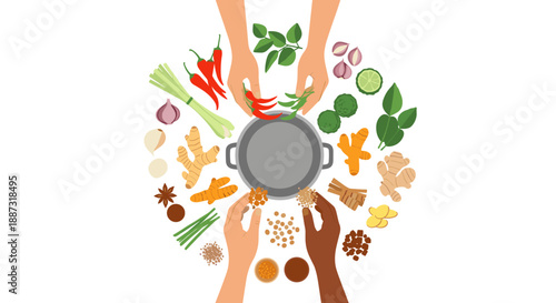 A vibrant, flat lay style image showcasing various spice ingredients. Great for illustrating cooking, recipes, or Asian cuisine related content, addin