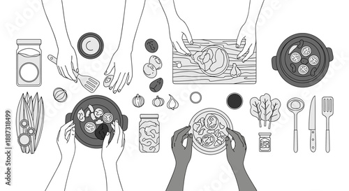 A stylish line art illustration depicting hands preparing ingredients. Ideal for blogs, articles, or social media content related to cooking, recipes,