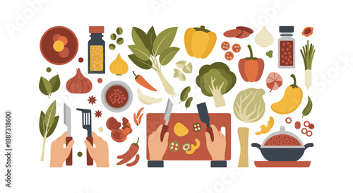 A vibrant flat lay illustration depicting cooking ingredients and hands preparing food. Ideal for blogs, recipes, or culinary-related marketing materi