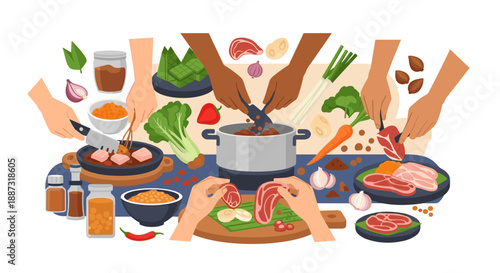 A vibrant illustration showcasing the preparation of a meal with fresh ingredients. Perfect for food blogs, recipes, or healthy eating campaigns, evok
