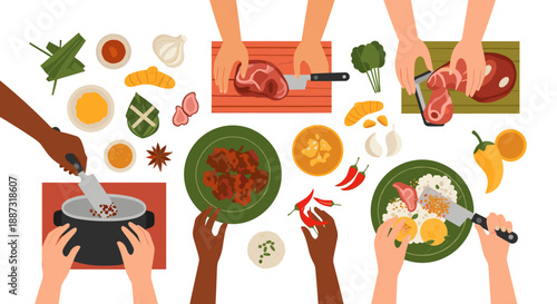A vibrant flat-lay illustration showing hands preparing food. Perfect for representing cooking, healthy eating, and culture – ideal for recipe website