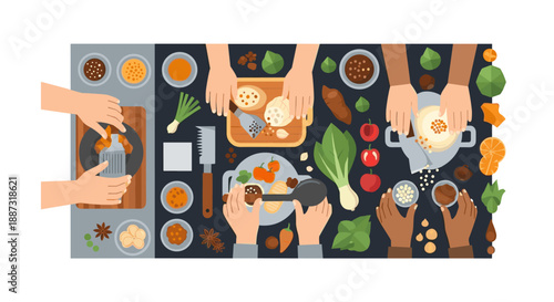 A vibrant, top-down view of hands preparing food, ideal for illustrating cooking, recipes, and healthy eating concepts. Bright colors evoke a feeling 