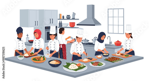 A cheerful illustration showcasing a team of cooks preparing food in a professional kitchen. Perfect for representing culinary services, teamwork, or 