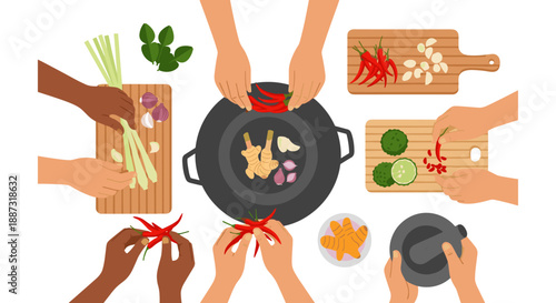 This vibrant illustration depicts a diverse group of people collaboratively cooking, evoking feelings of community and shared experience. Ideal for co