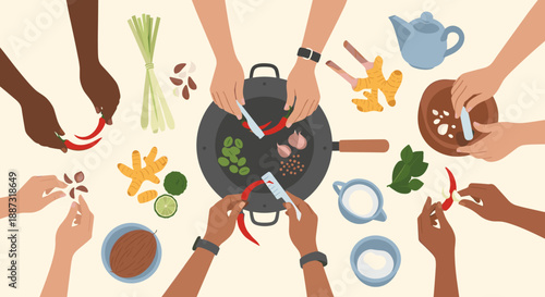 A vibrant flat-lay illustration showing diverse hands collaboratively preparing fresh ingredients. Ideal for concepts of cultural cuisine, food prepar