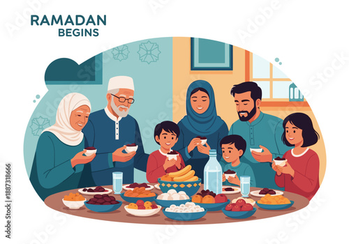 A heartwarming illustration depicts an elderly couple breaking fast during Ramadan, symbolizing family connection, tradition, and peaceful togethernes