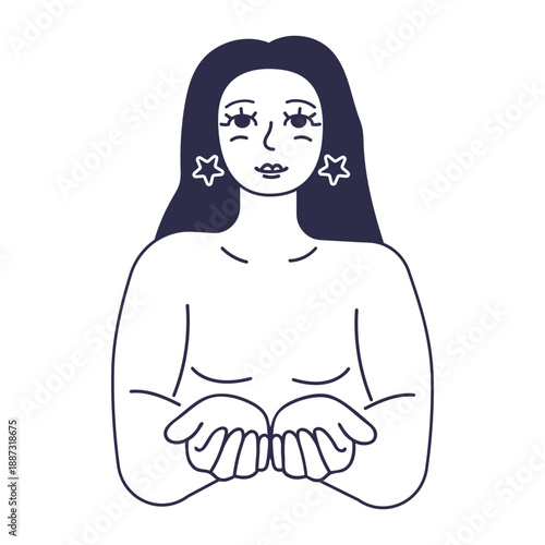 Woman with star earrings holding open hands, line art illustration symbolizing feminism and give to gain concept