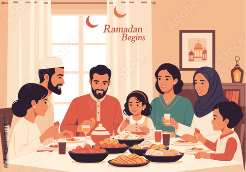 A heartwarming illustration of a family sharing a meal during Ramadan. Ideal for content relating to faith, togetherness, and cultural traditions.