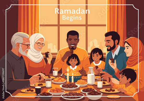 A warm illustration of a multigenerational family sharing a meal during Ramadan. Ideal for depicting cultural traditions, religious observances, or fa