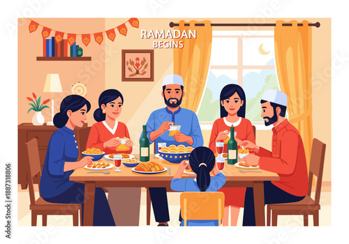 This illustration depicts a warm and joyful family dinner, perfect for conveying themes of togetherness, tradition, and cultural celebration. Use for 