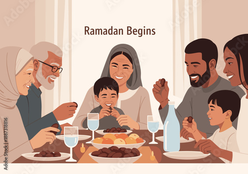 A heartwarming illustration of a multigenerational family sharing a meal during Ramadan. Perfect for conveying themes of togetherness, tradition, and 