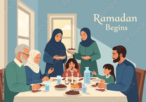 A warm illustration of a multigenerational family sharing a meal together, conveying togetherness and tradition. Ideal for representing family values,