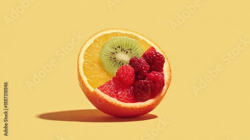 Creative fruit composition with orange, kiwi, and raspberries on yellow background