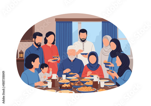 A warm and inviting illustration of a family enjoying a meal together. Ideal for concepts relating to family, togetherness, or traditions.