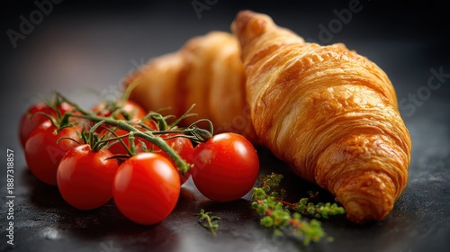 Elegant still life with fresh croissants and vibrant vine-ripened tomatoes