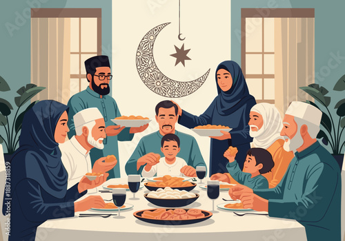 A heartwarming illustration of a family sharing a meal together. Ideal for representing tradition, togetherness, and cultural celebrations in editoria