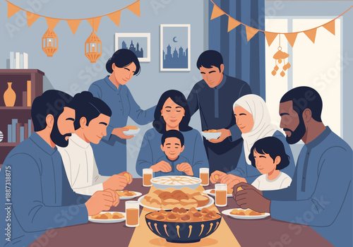 A warm illustration of a family sharing a meal together. Evokes feelings of togetherness and contentment, ideal for representing family values, holida