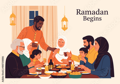 A warm illustration depicting a multi-generational family enjoying a meal together. Ideal for concepts of togetherness, family values, and intergenera