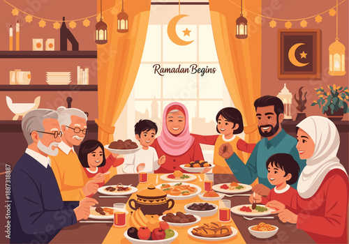 A heartwarming illustration of a family enjoying a meal together, perfect for representing togetherness, tradition, and the joy of shared moments. Ide
