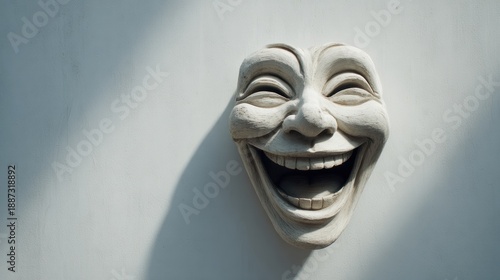 Expressive stone mask affixed to a textured wall conveying strong emotions