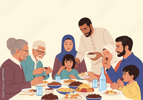 A heartwarming illustration of a multi-generational family enjoying a meal together. Perfect for representing family bonds, traditions, and a sense of