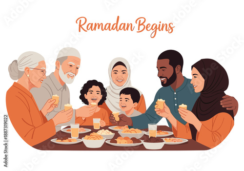 A warm illustration of a multi-generational family sharing a meal during Ramadan. Ideal for conveying themes of togetherness, tradition, and cultural 