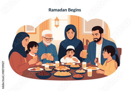 A heartwarming illustration of a family sharing a meal during Ramadan. Perfect for depicting traditions, togetherness, and the spirit of the holy mont