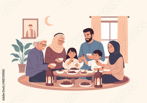A heartwarming illustration depicts a multigenerational family sharing a meal during Ramadan. Perfect for conveying themes of togetherness, tradition,