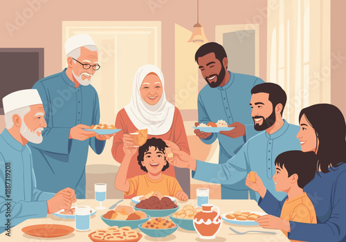 A heartwarming illustration of a multi-generational family sharing a meal, evoking feelings of togetherness and joyful connection - perfect for depict