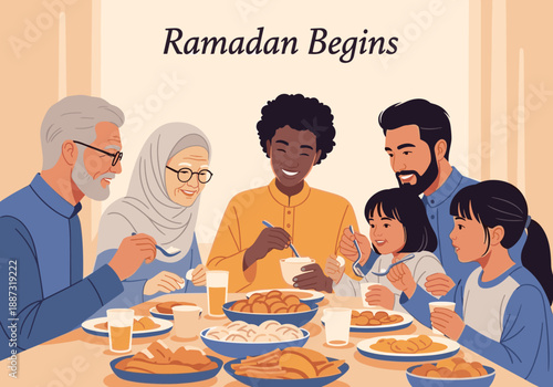 A warm illustration depicting a family enjoying a meal together. Ideal for content about family values, intergenerational relationships, or cultural t