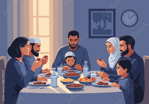 A peaceful illustration of a family gathered around a table, hands in prayer before a meal. Ideal for representing faith, gratitude, and togetherness.