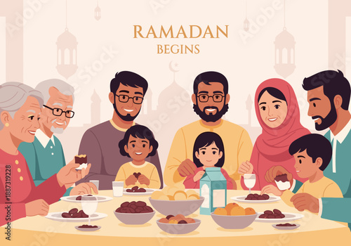 A heartwarming illustration of a multi-generational family enjoying dates together during Ramadan, evoking feelings of togetherness and tradition. Per
