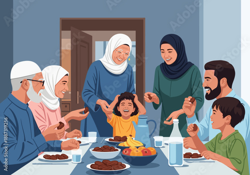 A heartwarming illustration of a family gathered around a table, sharing dates. Perfect for representing togetherness, tradition, and Ramadan celebrat
