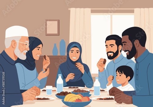 A heartwarming illustration of a multi-generational family enjoying a meal, creating a sense of togetherness and connection.  Ideal for depicting fami