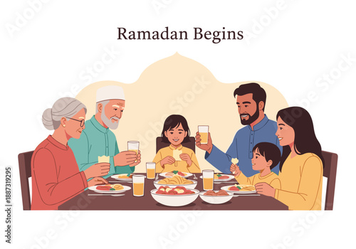 A heartwarming illustration of a multi-generational family enjoying a meal, depicting togetherness and connection. Perfect for themes of family, celeb