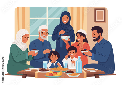 A warm illustration of a multigenerational family enjoying a meal. Perfect for depicting togetherness, family values, and cultural diversity in lifest