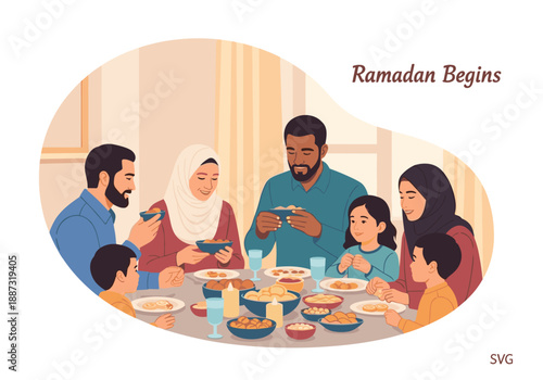 A warm illustration of a family enjoying dinner together. Perfect for representing togetherness, family life, or cultural inclusivity in lifestyle con