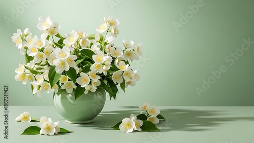 Jasmine Flowers Still Life Photography White Floral Blossoms Arrangement Freshness Indoor Mockup Green Tone Simplicity Calmness Brightness