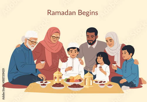 A heartwarming illustration of a multigenerational family breaking fast during Ramadan.  Ideal for representing tradition, community, and the spirit o