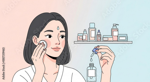 Woman applying skincare products with cotton pad and serum bottle nearby routine