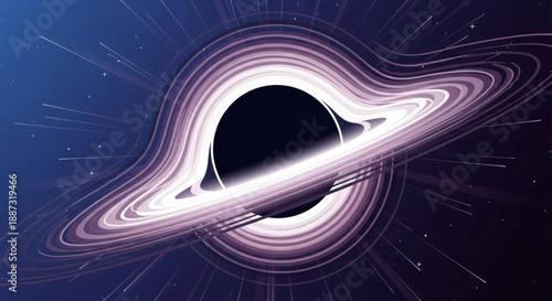 Vibrant purple black hole swirling with bright accretion disk in deep blue space with stars