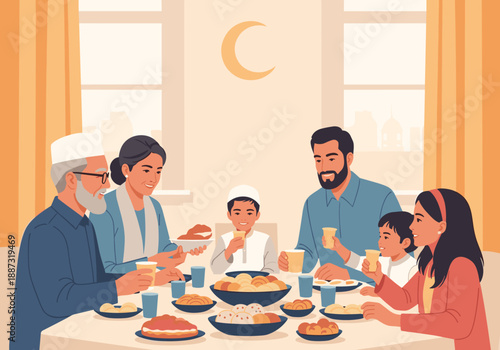A warm, inviting illustration of a multigenerational family sharing a meal. Perfect for depicting family values, connection, and cultural traditions i