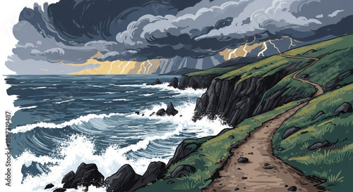 Dramatic stormy coastline with rugged cliffside path and turbulent ocean waves under dark ominous clouds