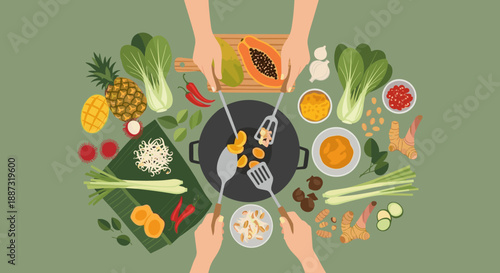 A vibrant, flat-lay composition showcasing a variety of fresh ingredients, perfect for food blogs, recipes, or healthy lifestyle marketing content.