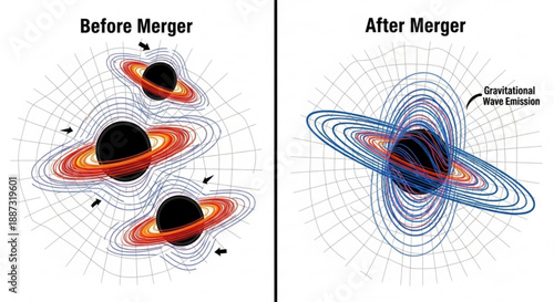 Gravitational wave emission before and after merger of celestial bodies in space with orbiting rings