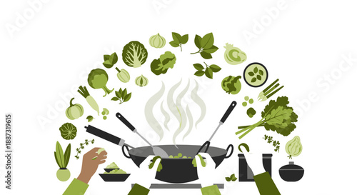 A vibrant illustration depicting the preparation of fresh vegetables. Perfect for concepts relating to healthy eating, cooking, and organic food.