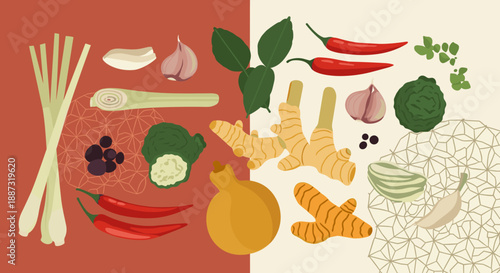 A flat lay composition of various vegetables, ideal for culinary themes, healthy eating campaigns, or illustrating farm-to-table concepts. Warm color 