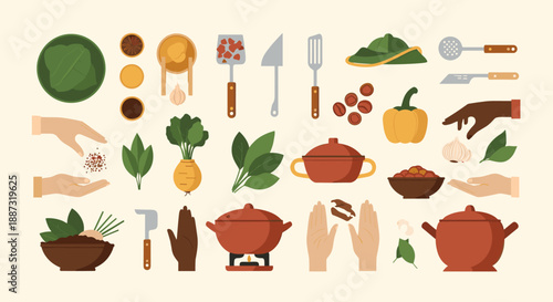 A cheerful and illustrative composition featuring various vegetables, hands, and gardening implements. Ideal for food related blogs, healthy lifestyle